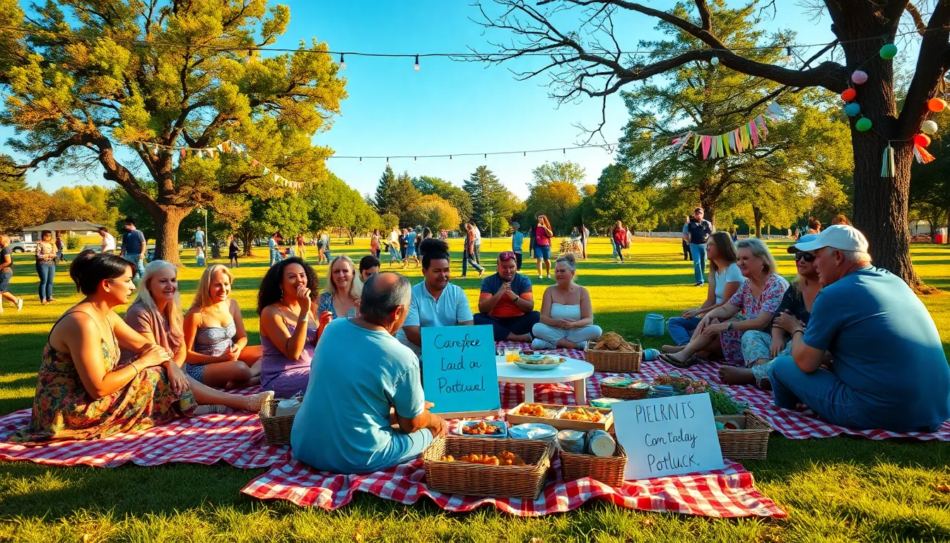 A diverse community gathering in a park with colorful decorations and picnic setups.