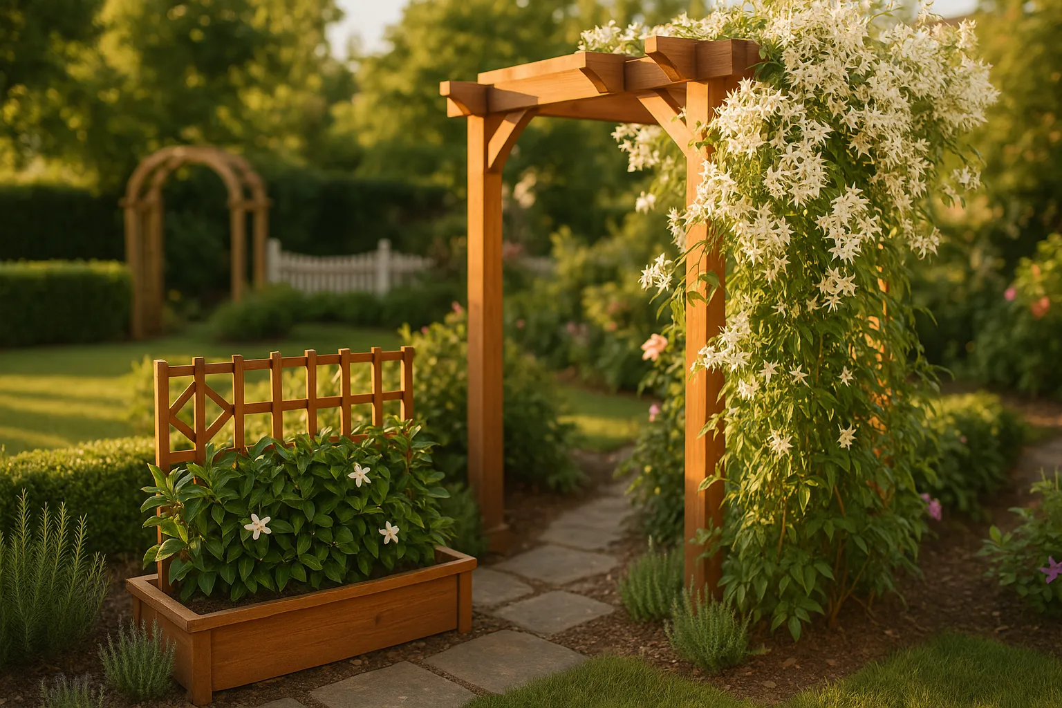 Trachelospermum in a low planter beside a vigorous jasmine-covered pergola.