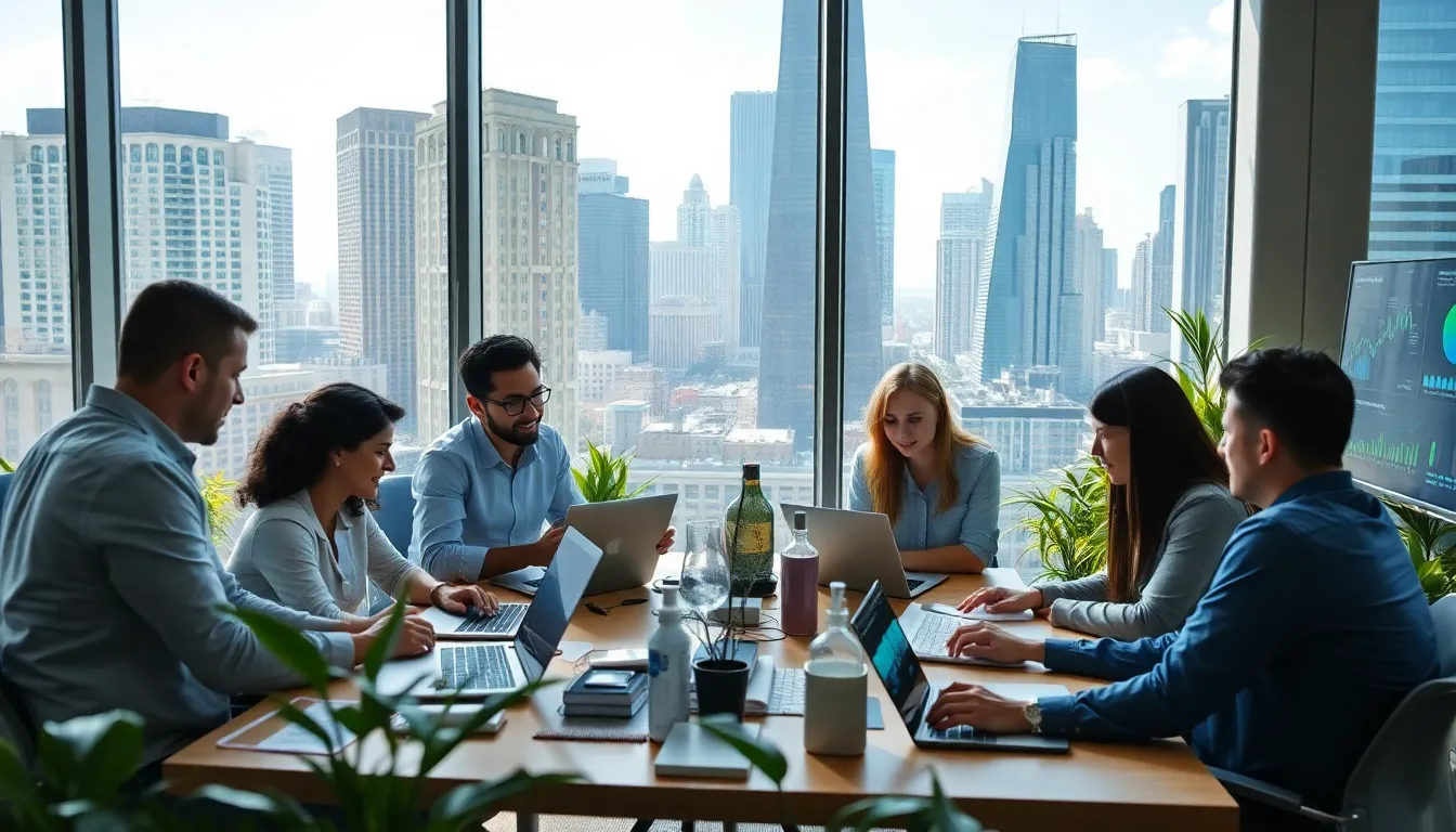 diverse professionals collaborating in a modern Chicago tech office.