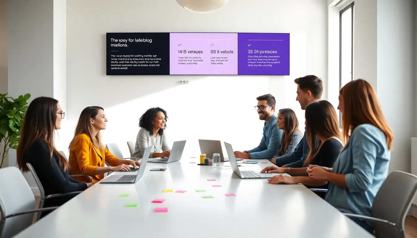 diverse team brainstorming in a modern workspace celebrating Lovelolablog's journey.