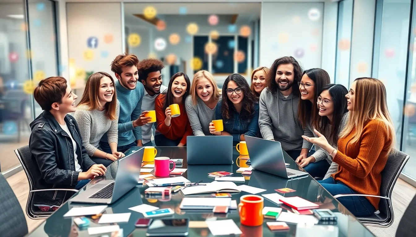 young adults reacting humorously in a vibrant, modern workspace.