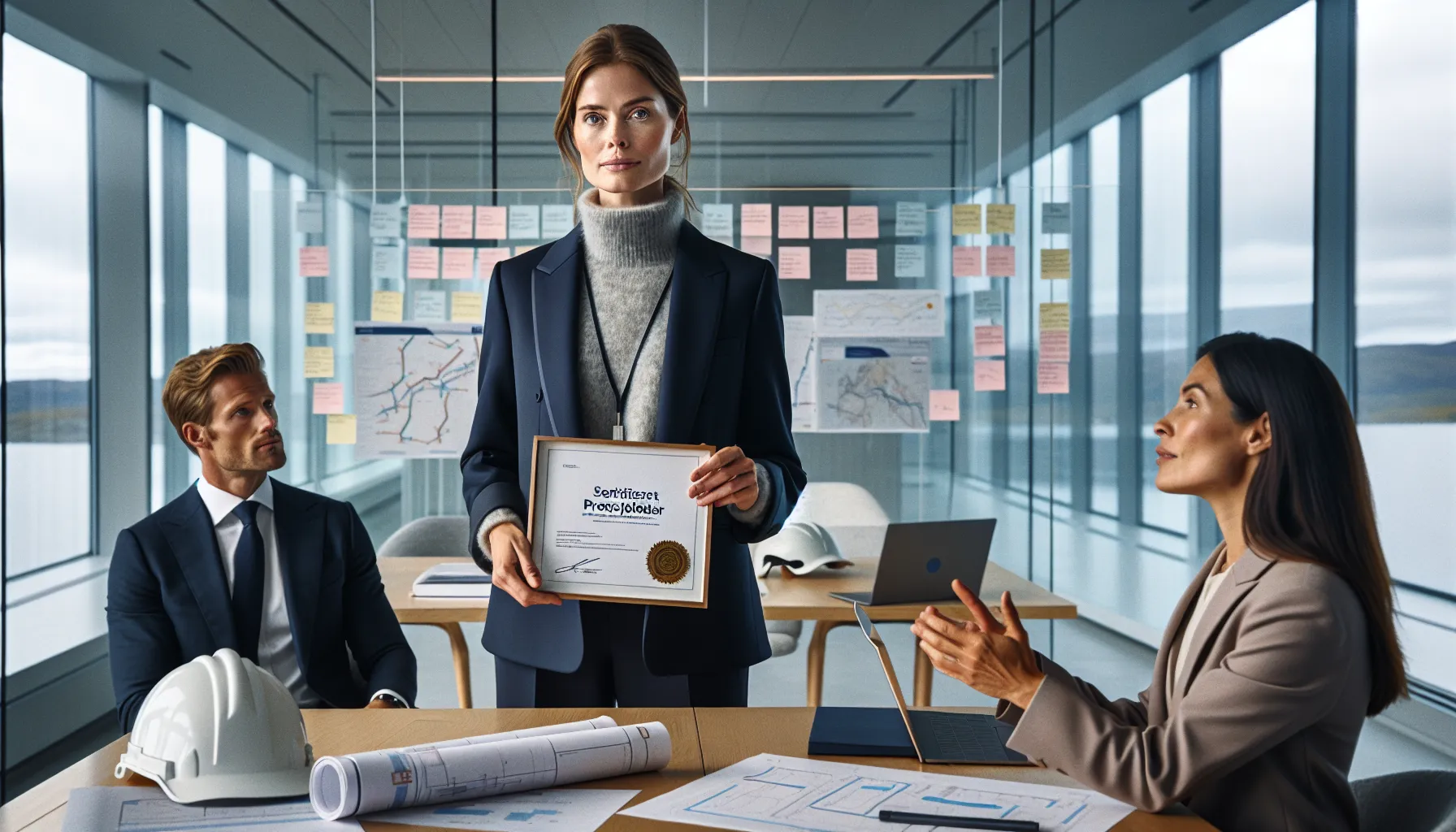 Certified project manager presenting with certificate in a modern oslo boardroom.