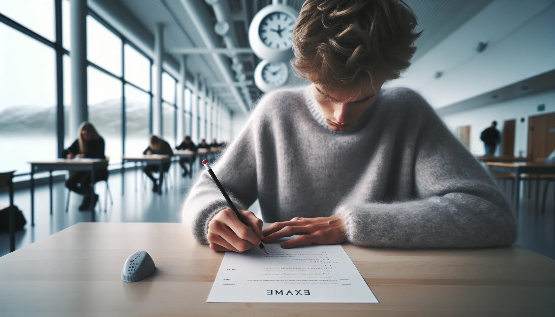 Student uses a calming finger gesture before an exam in a nordic hall.