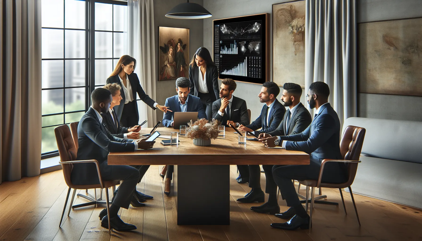 professionals discussing shipping times in a modern office setting.