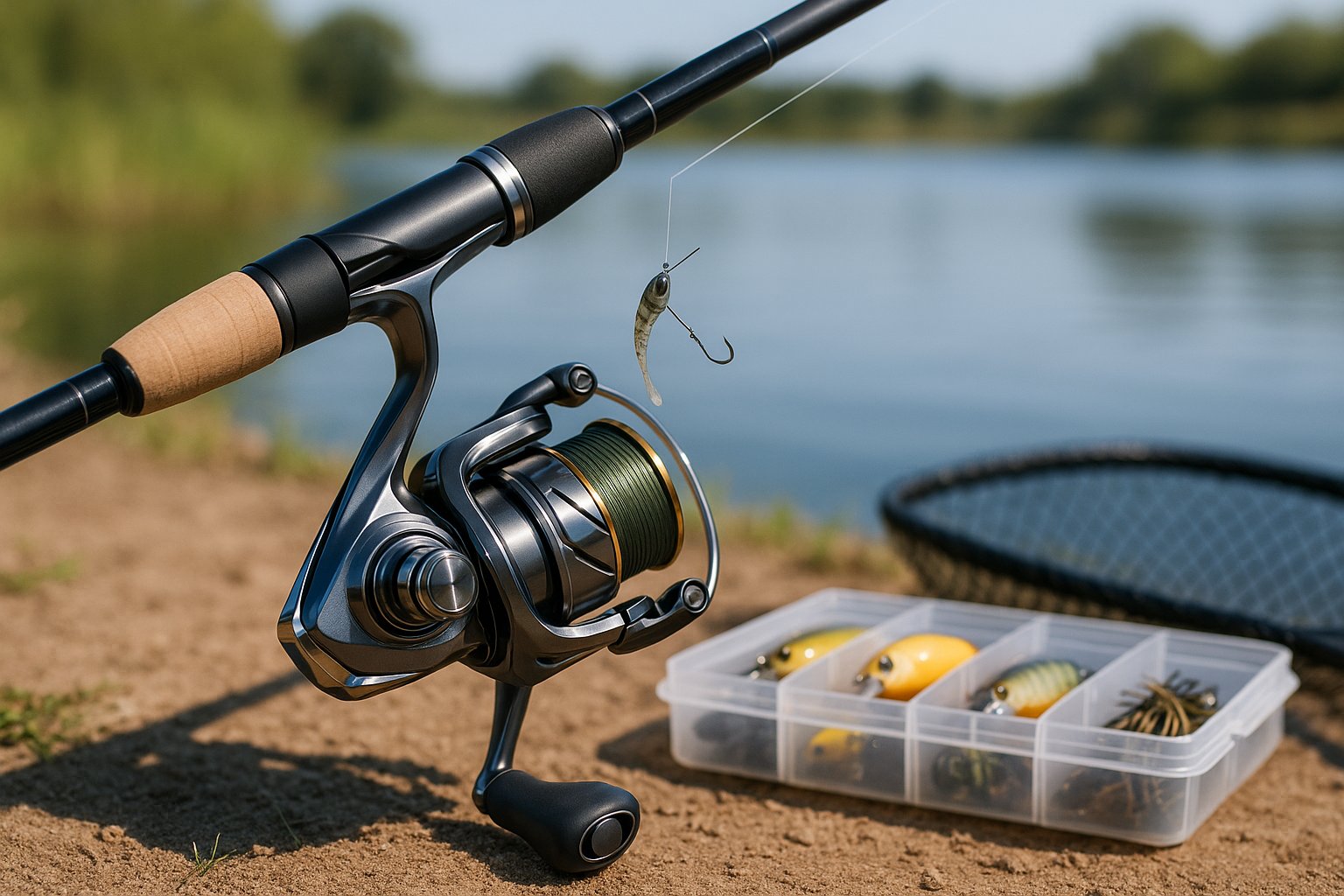 Light lure spinning reel setup by a calm freshwater shoreline.