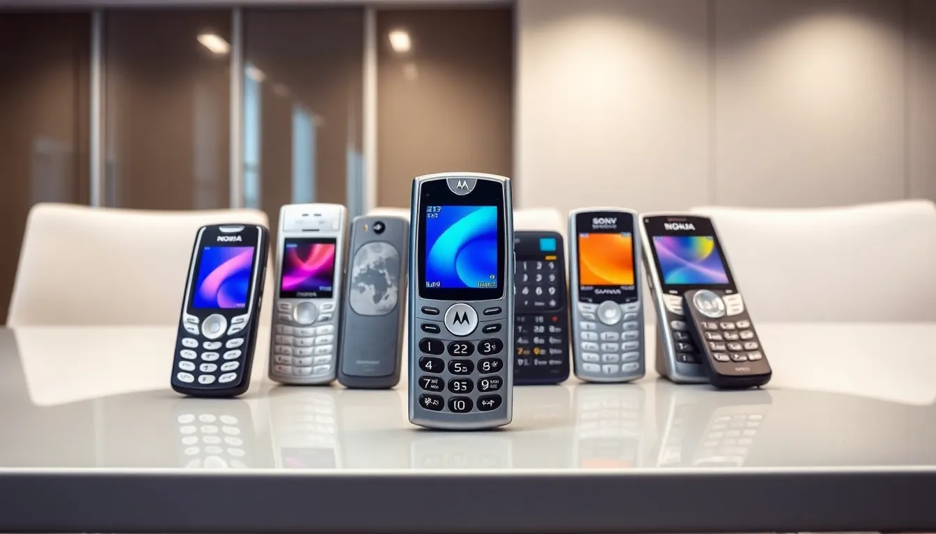 Collection of popular 2005 mobile phones on a modern desk.