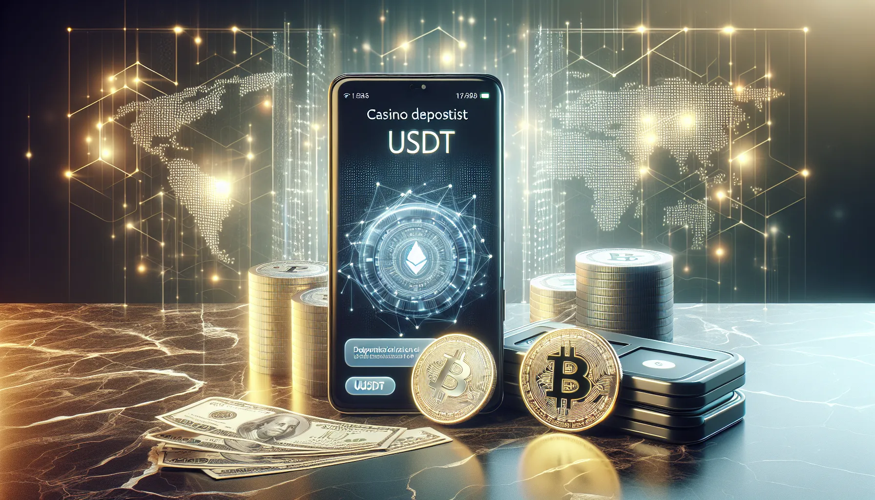 Digital wallet interface with USDT representation on a modern smartphone.