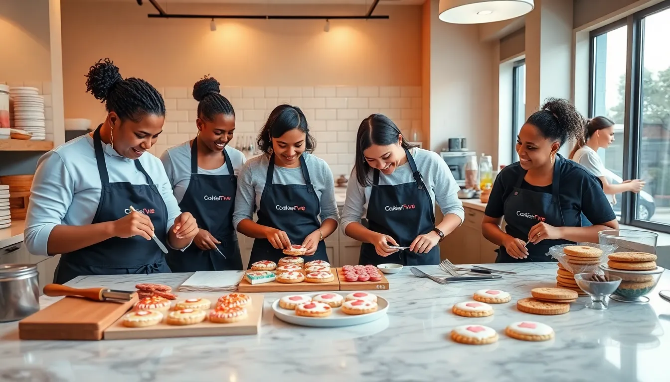 diverse team decorating cookies in a charming bakery setting.