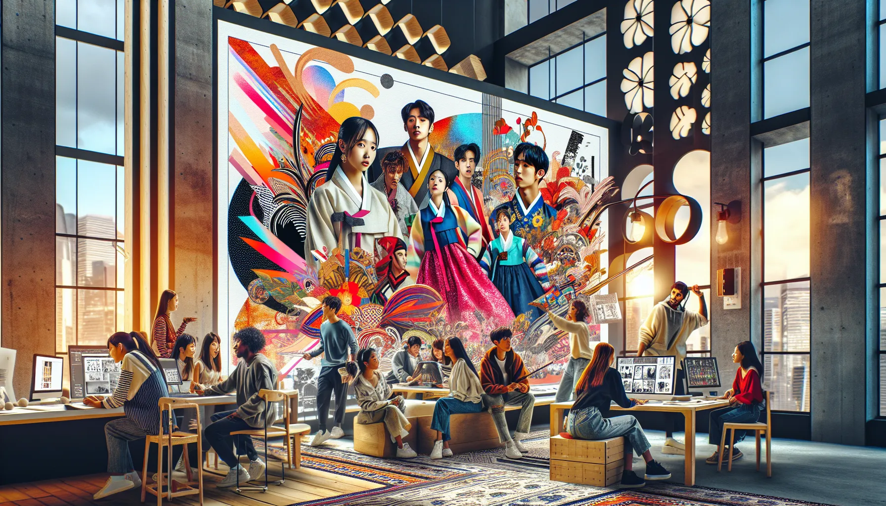 diverse group discussing Kdraydink art in a modern workspace.