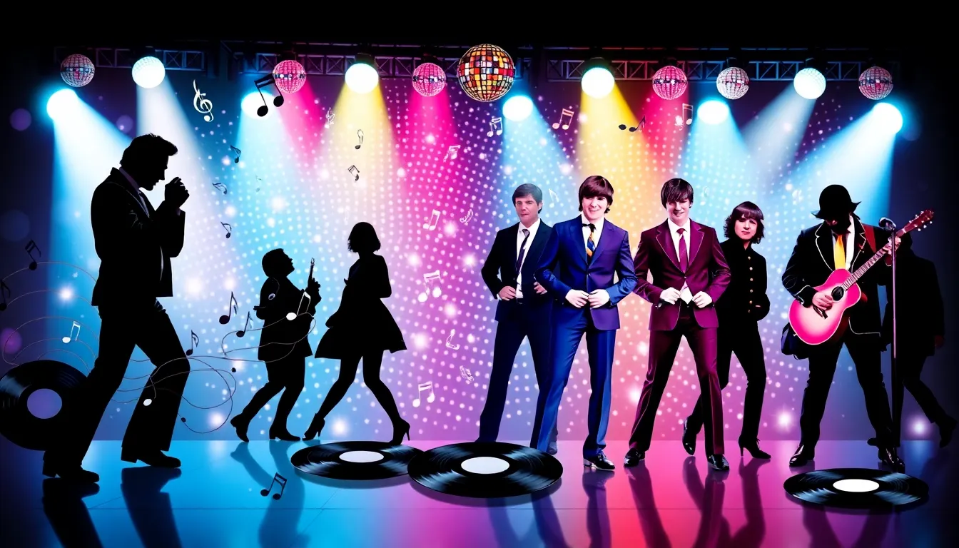 collage of iconic pop music artists through the decades.