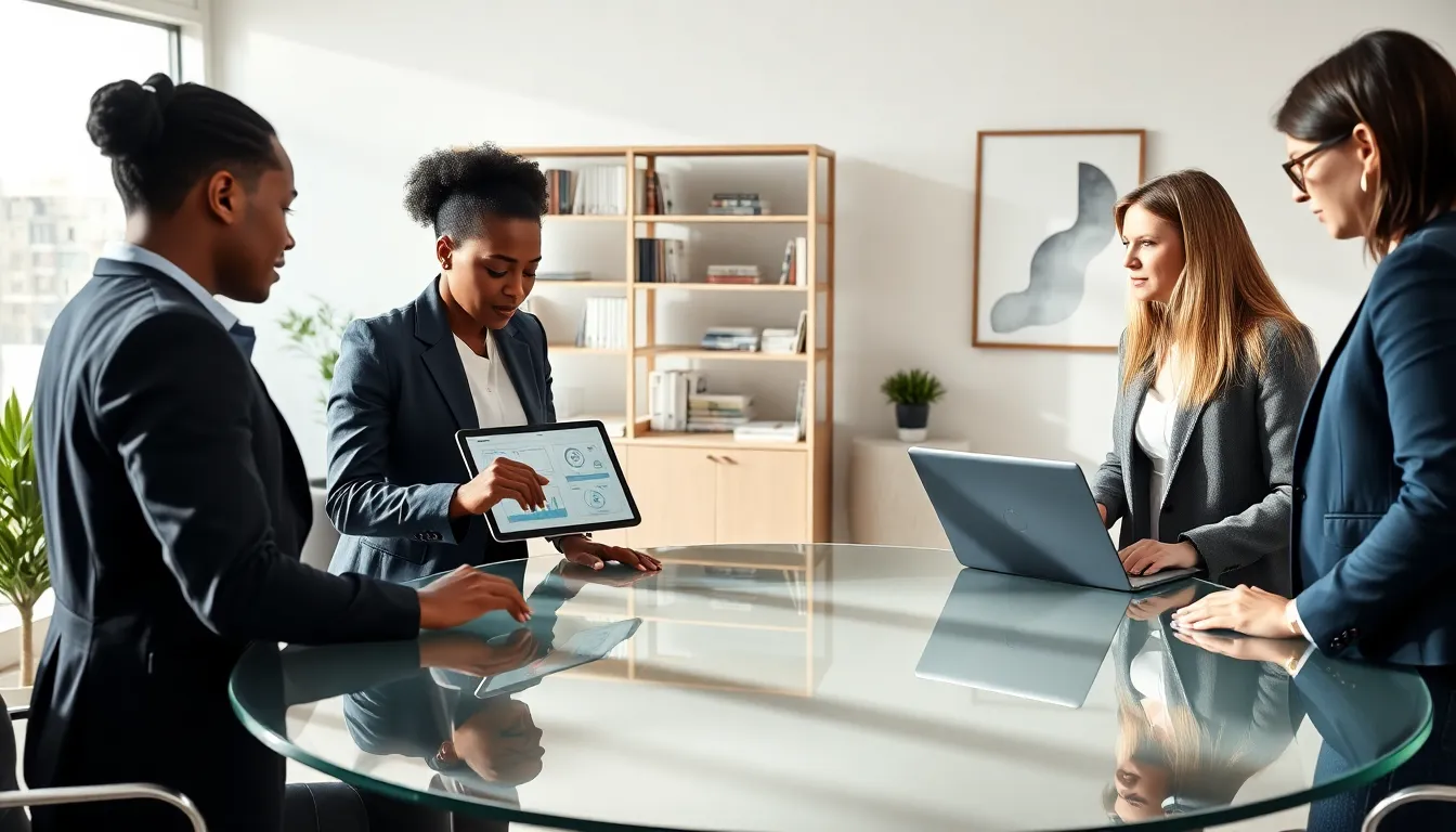 diverse team discussing liozwozcos in a modern office.