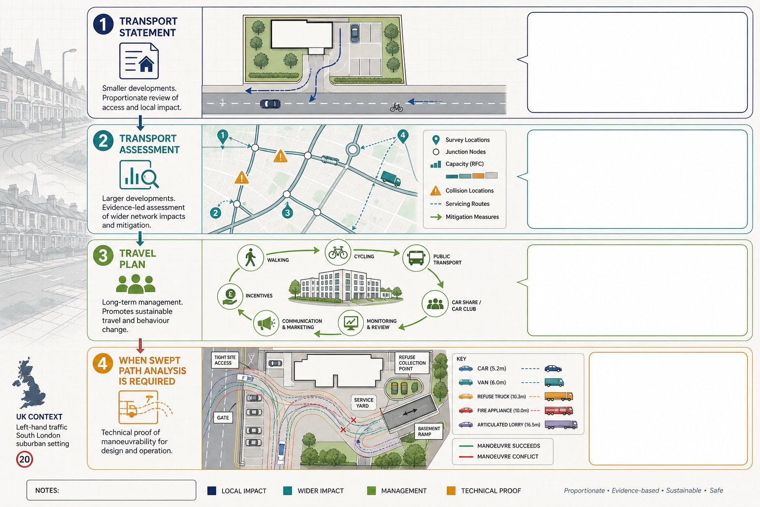Infographic comparing transport planning documents and vehicle swept path analysis.