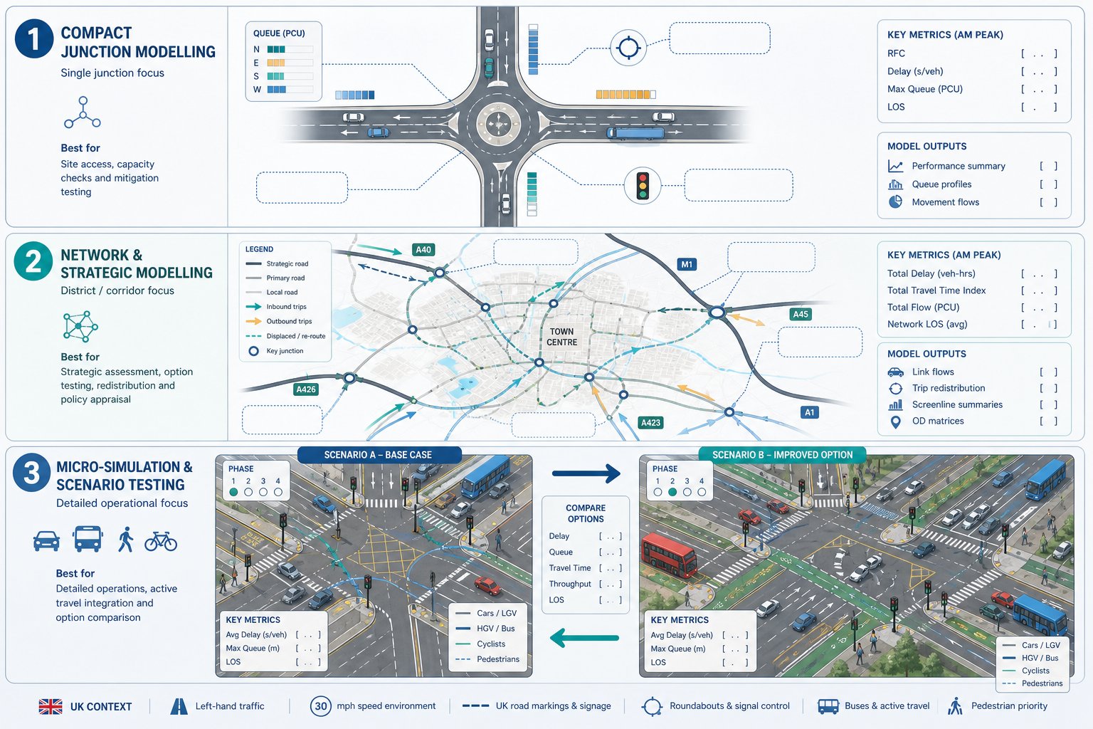 Three types of UK traffic modelling from junctions to networks and simulation.