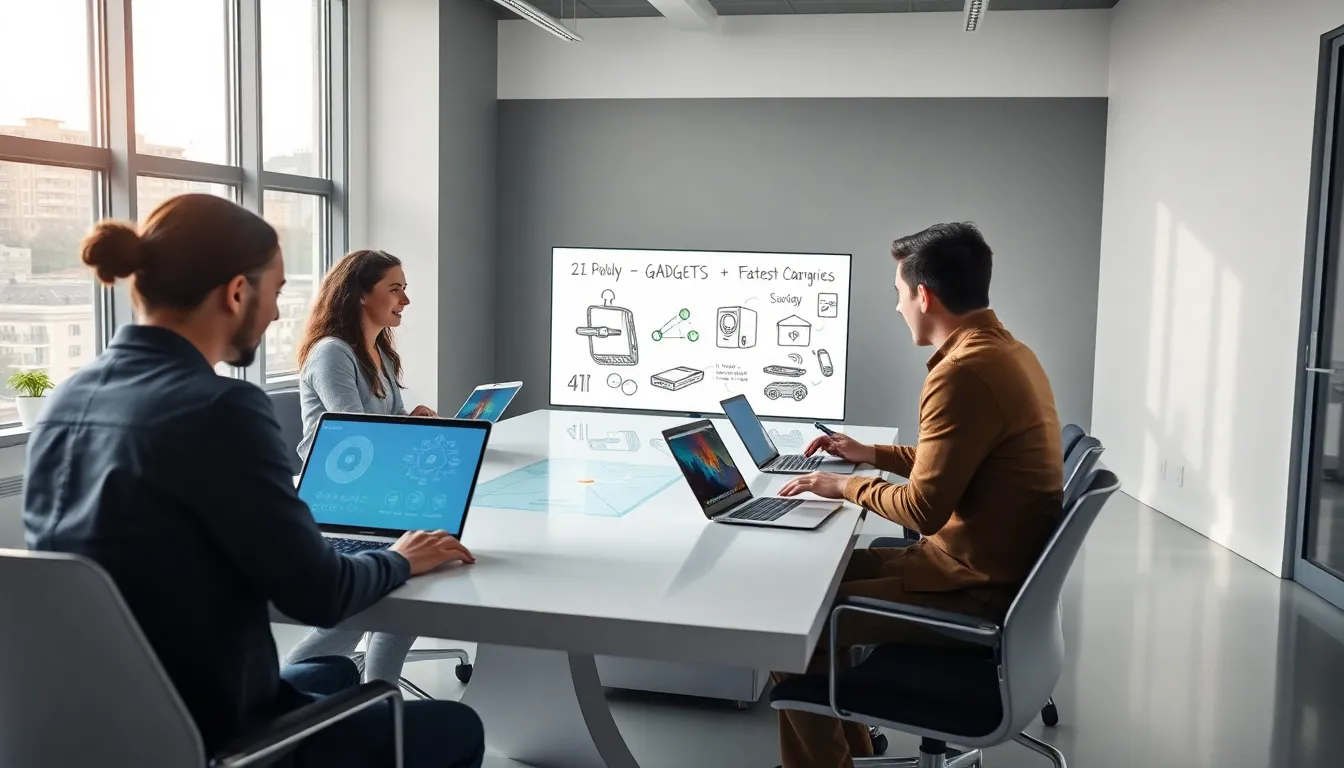 diverse team discussing advanced 2024 gadgets in a modern office.
