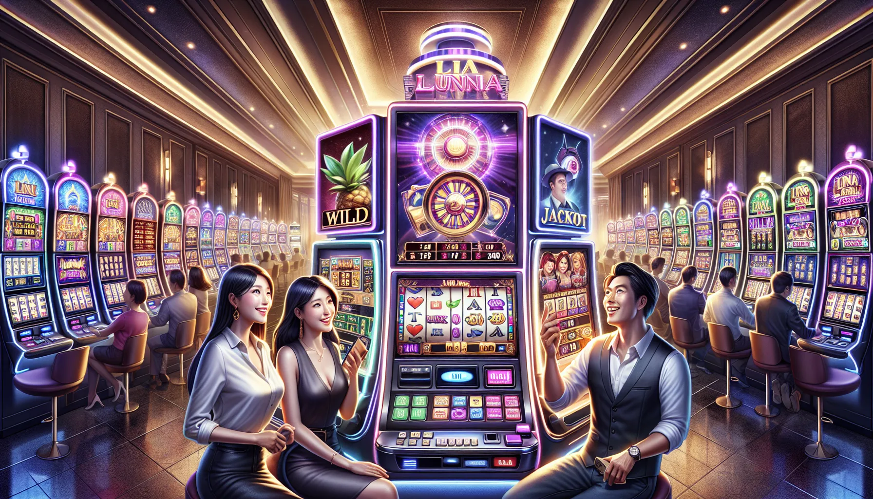 diverse players engaged with the Luna Play88 slot machine in a casino setting.