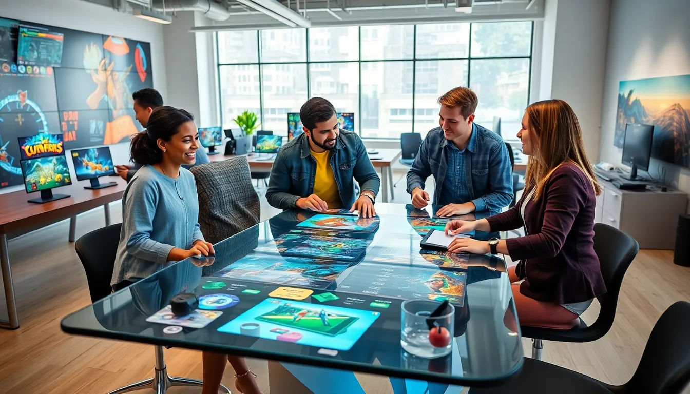 diverse team collaborating in a creative game development studio.