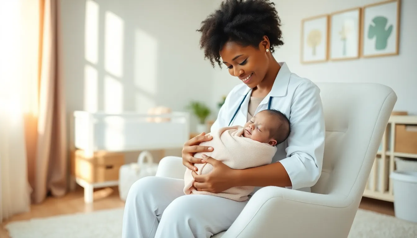 caregiver swaddling a newborn in a peaceful nursery setting.