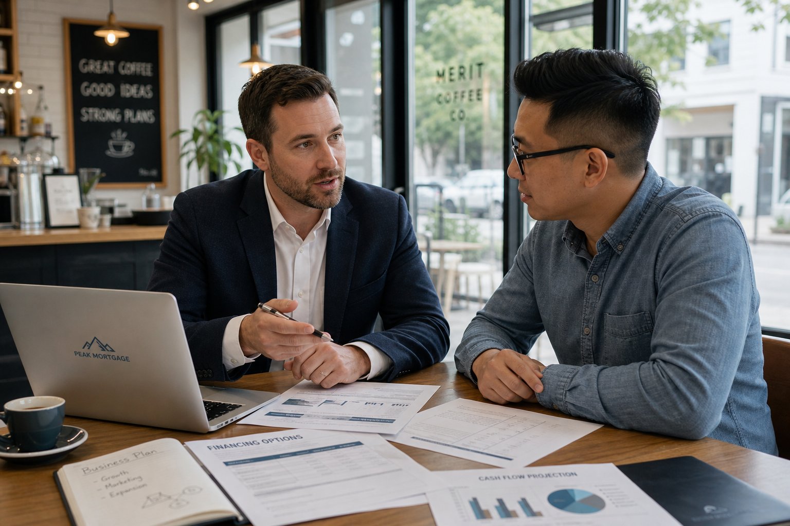 Mortgage consultant meeting entrepreneur in a modern caf&eacute;-style workspace with financial documents.