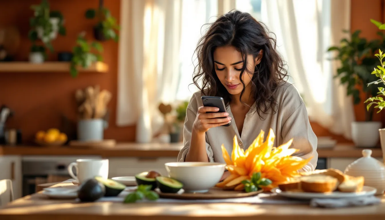Woman mindfully eating a warm meal at a sunlit kitchen table without her phone.