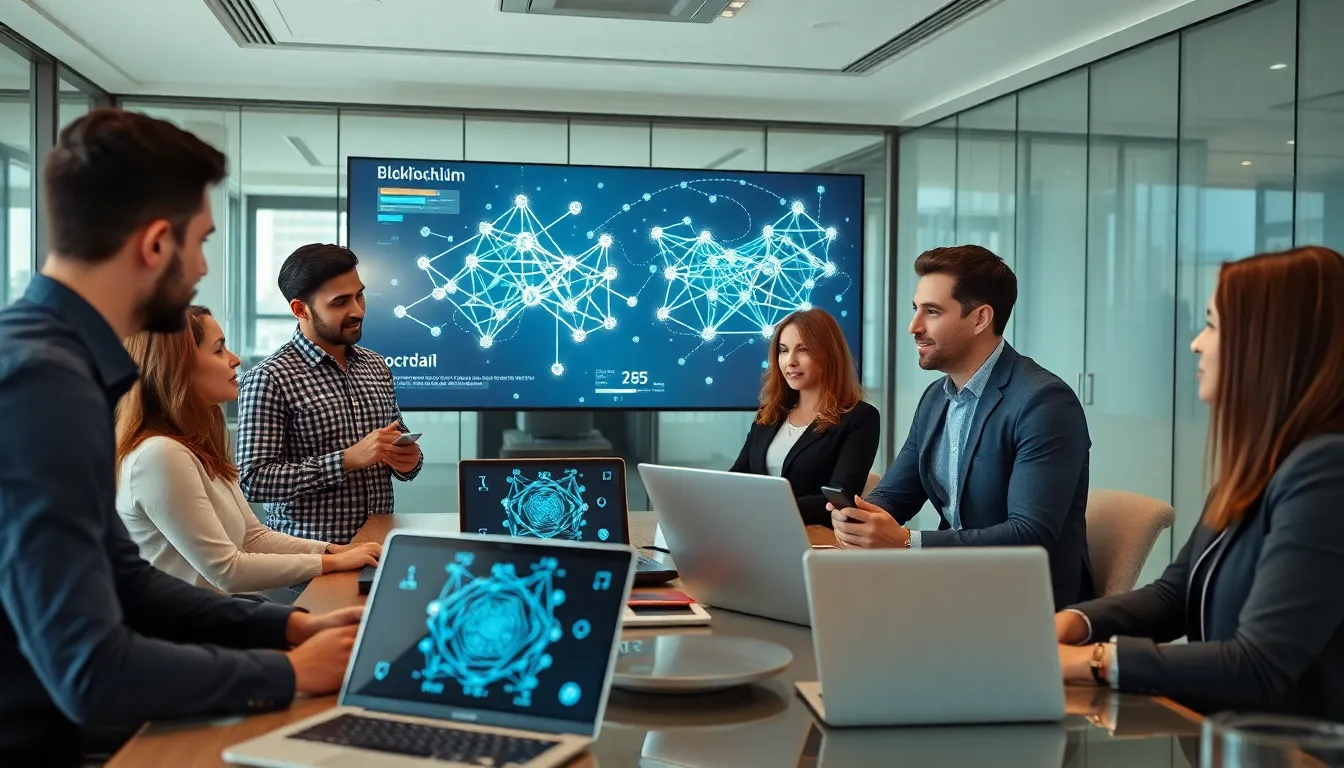 Team discussing blockchain technology in a modern office.
