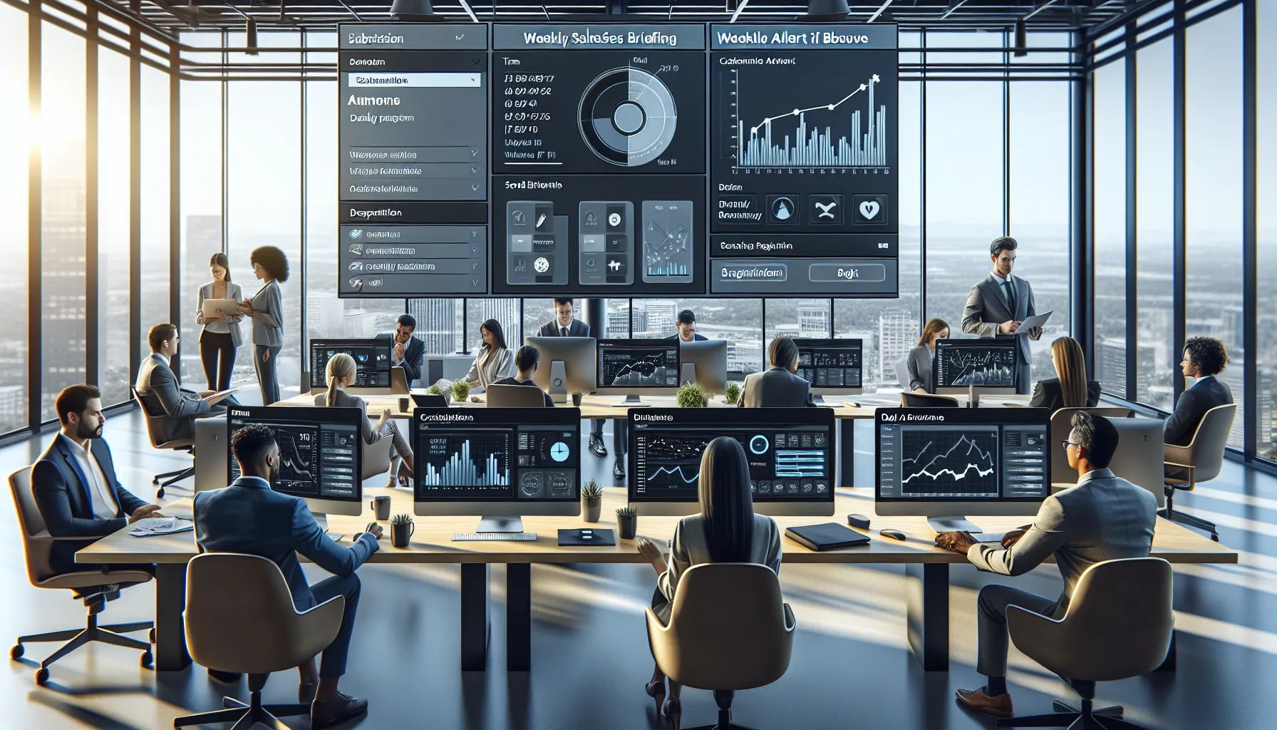 Diverse professionals reviewing Tableau-style subscriptions and alert settings in a modern office.
