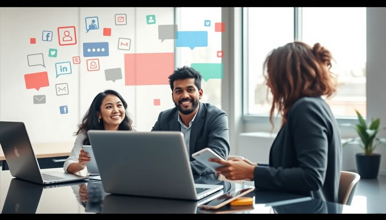 diverse professionals collaborating on digital content in a modern workspace.