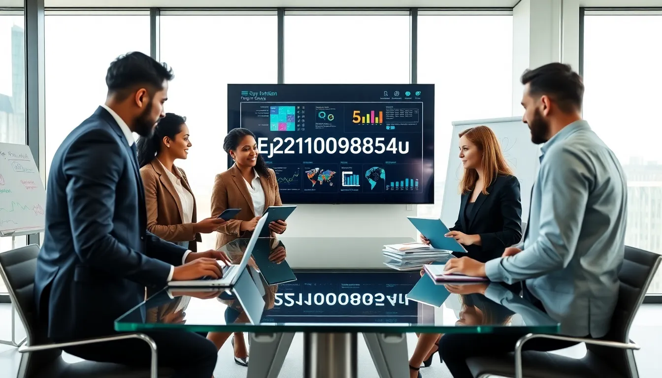 diverse professionals discussing data in a modern office.