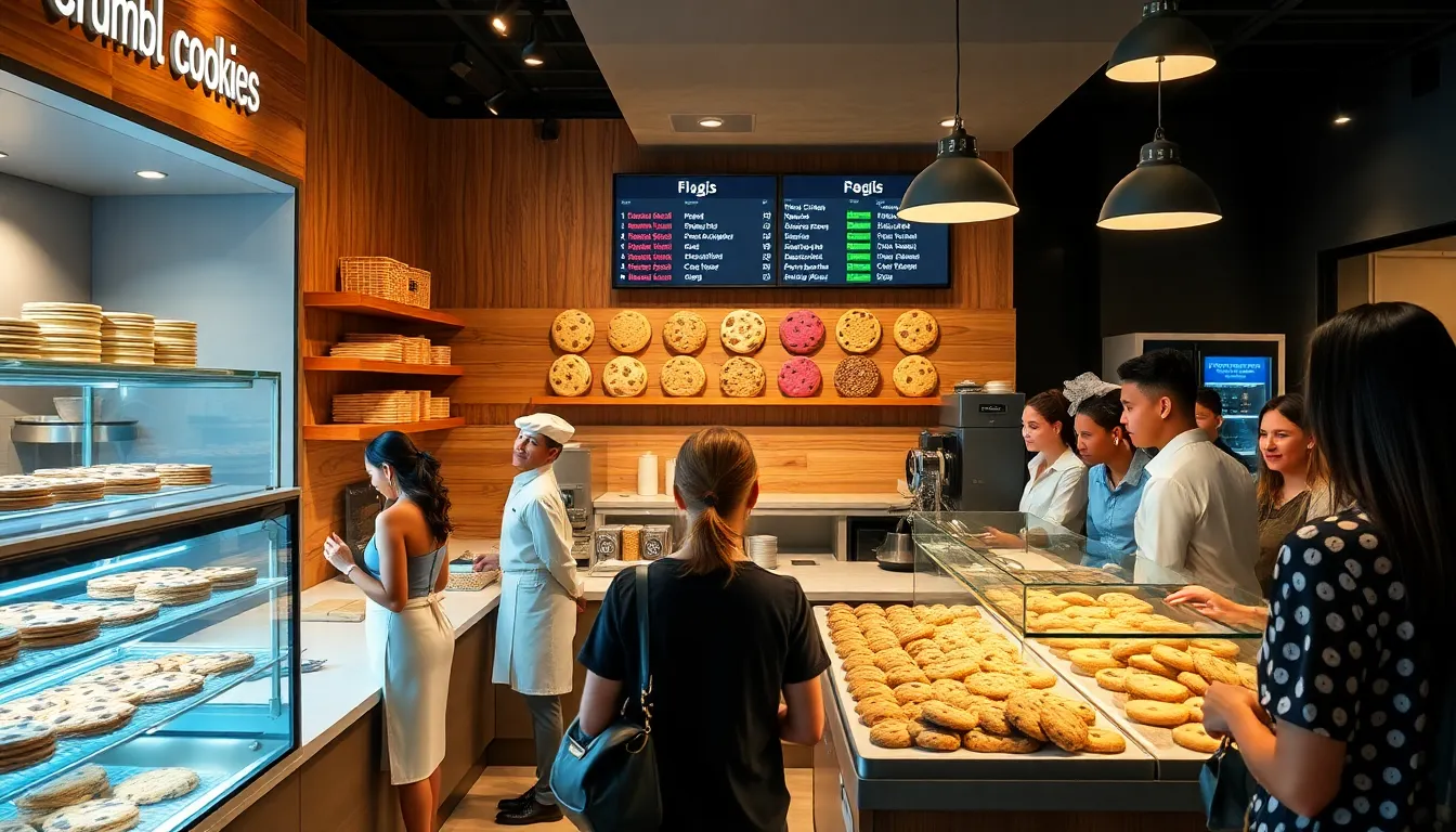 Crumbl Cookies store with diverse customers and fresh cookie displays.