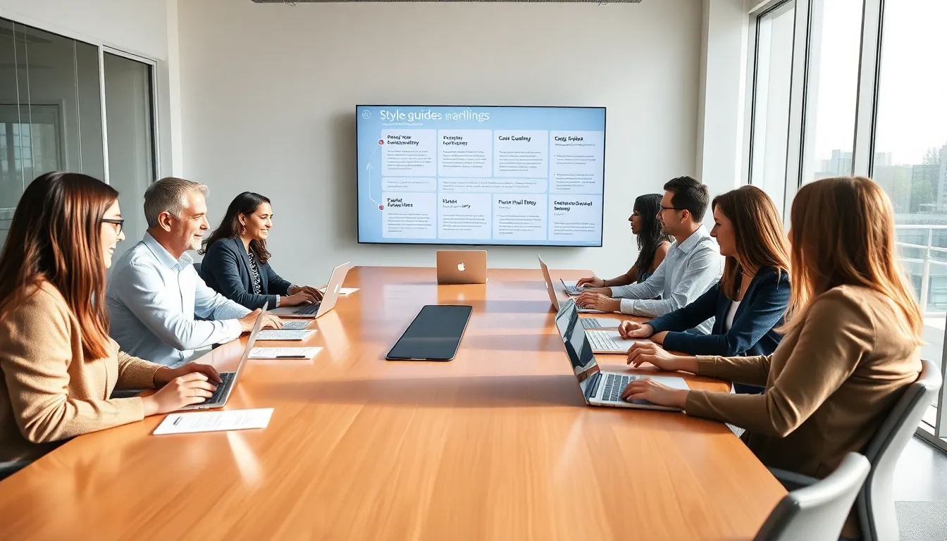 diverse team collaborating on style guides in a modern office.