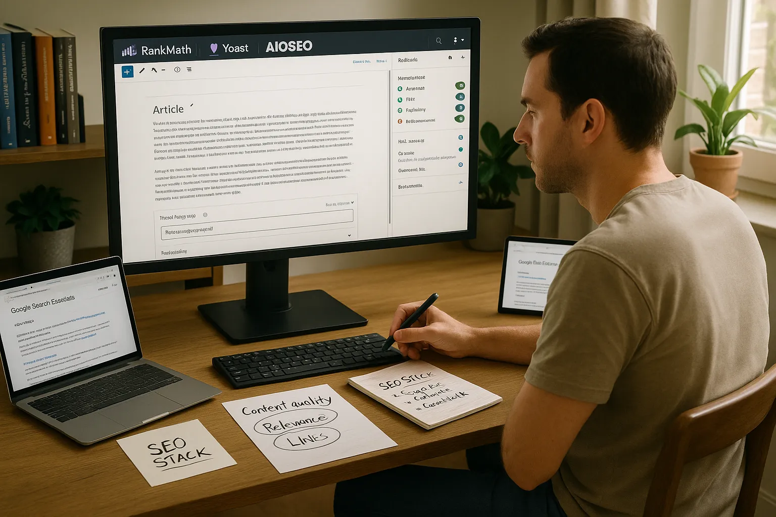 Marketer configures WordPress SEO plugins while focusing on content quality and strategy.
