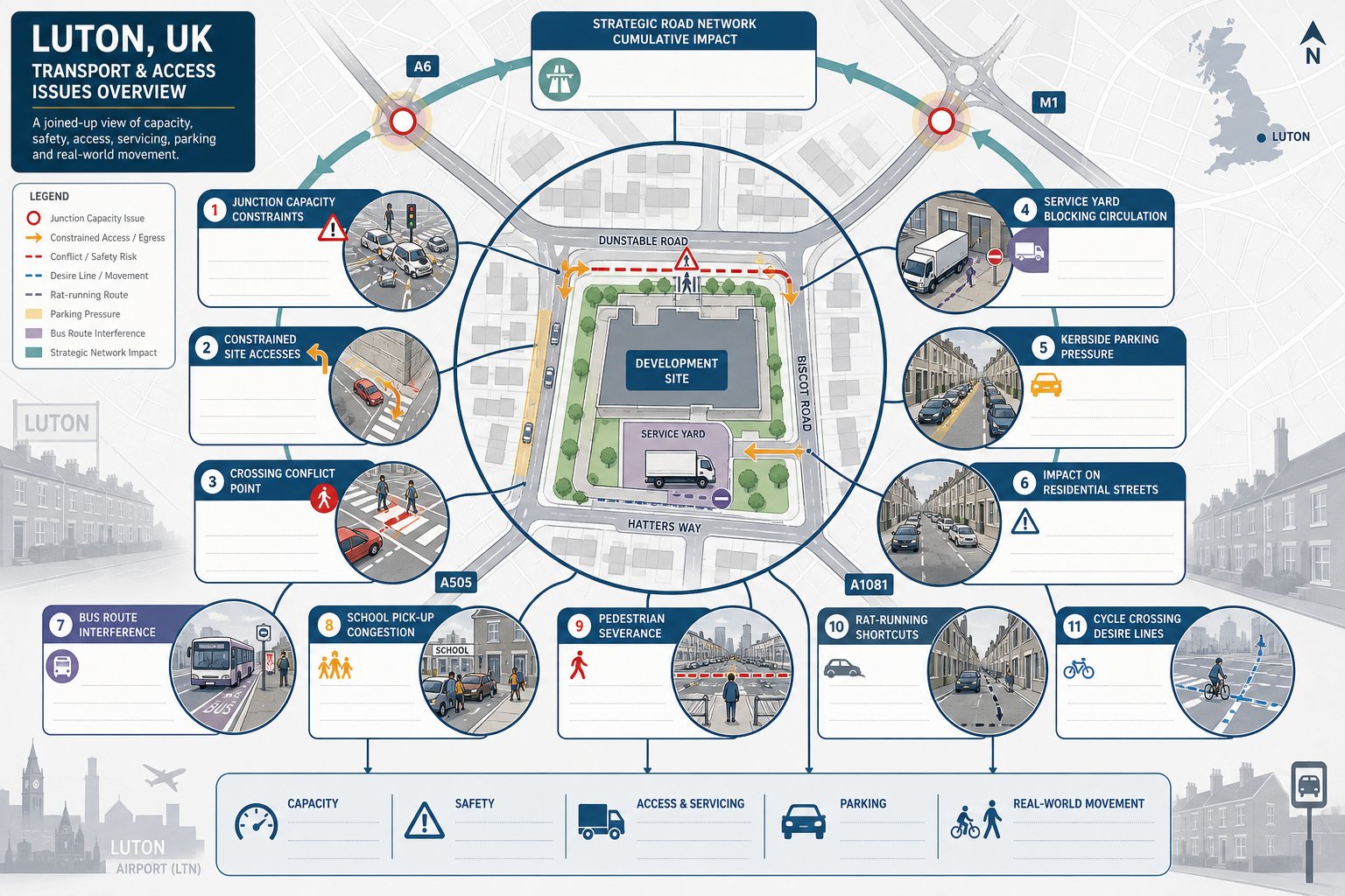 Infographic of key traffic and access issues around a Luton development site.
