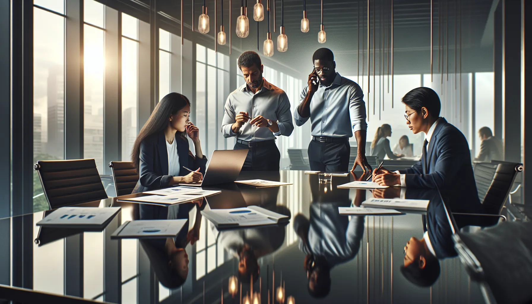 diverse professionals discussing next steps after a phone call in a modern office.