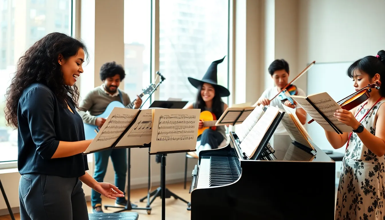 diverse musicians rehearsing popular sheet music from Wicked.