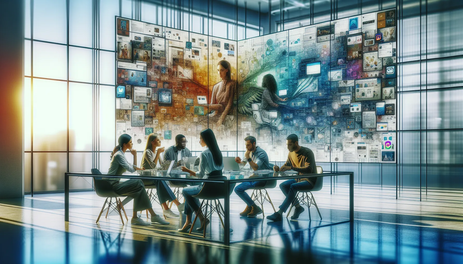 diverse professionals collaborating around screens in a bright, modern workspace.