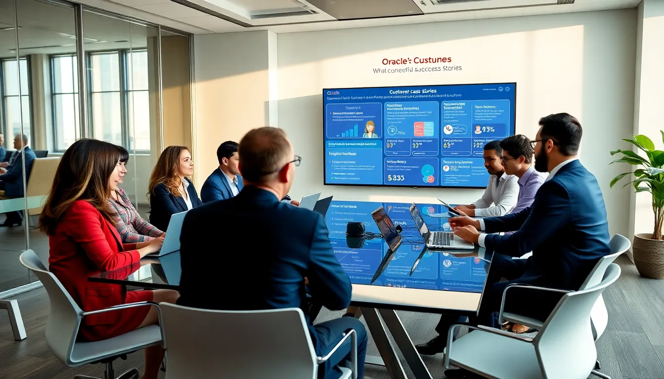 diverse professionals discussing Oracle customer success stories in a modern office.