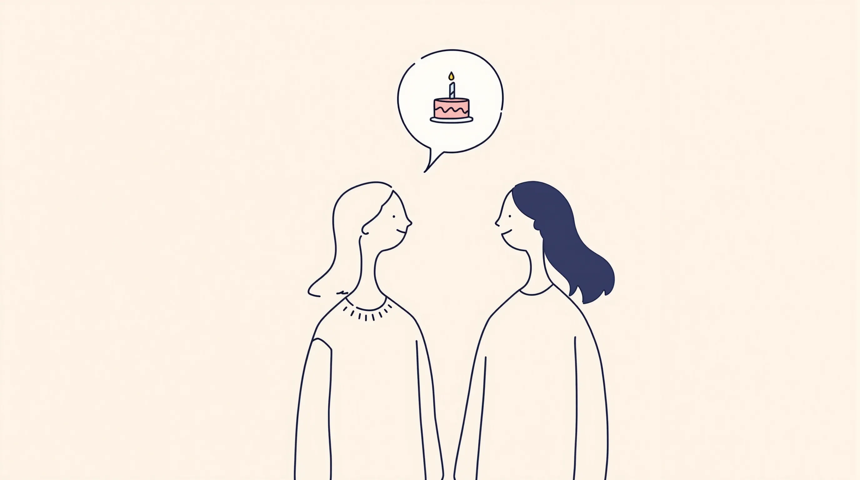 Two friends laughing together with a birthday cake symbol in minimal style.