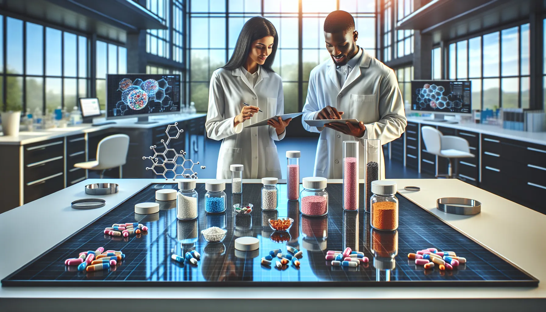 diverse team reviewing inactive ingredients in a modern lab setting.