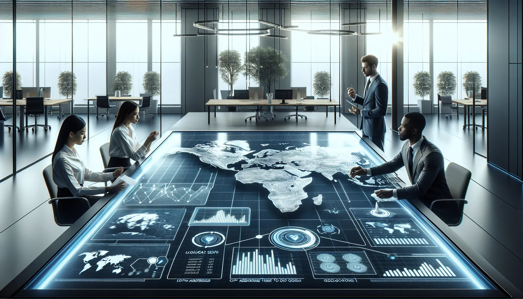 professionals discussing IP address applications in a modern office.