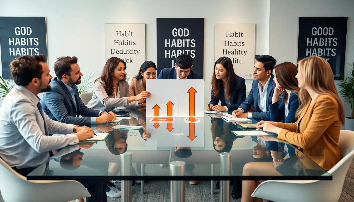 diverse team discussing good and bad habits in an office setting.