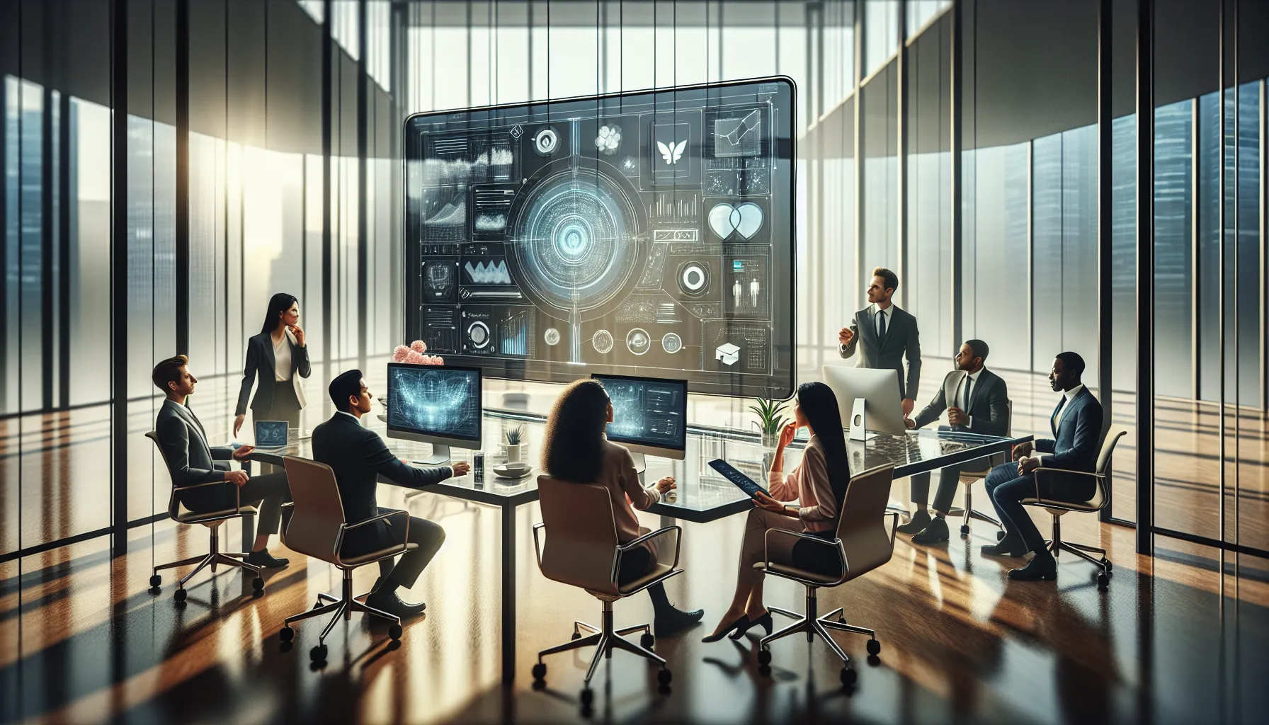 diverse team collaborating in a modern office on digital projects.