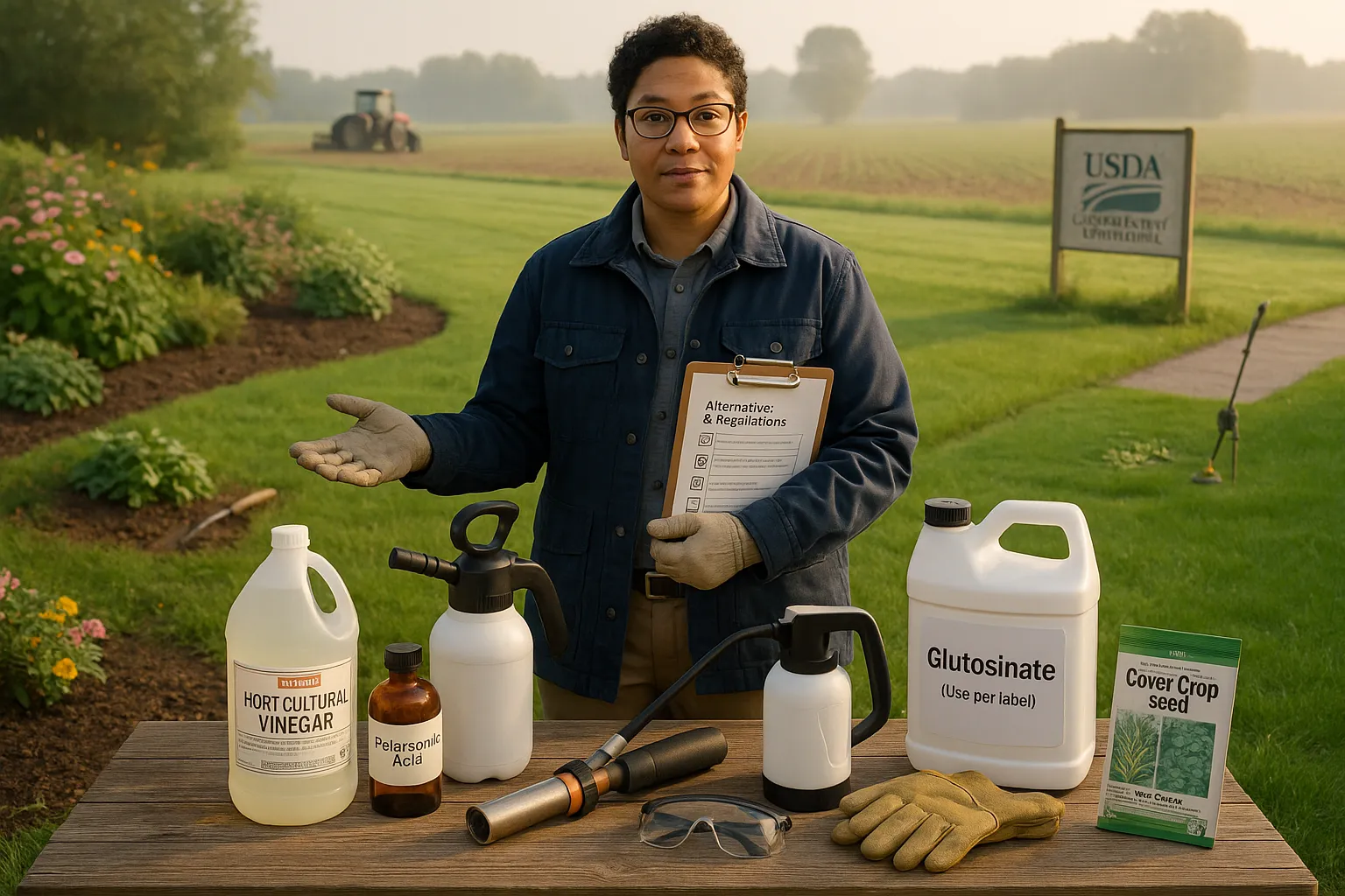 Extension agent points to labeled glyphosate alternatives on a table near garden and farm.