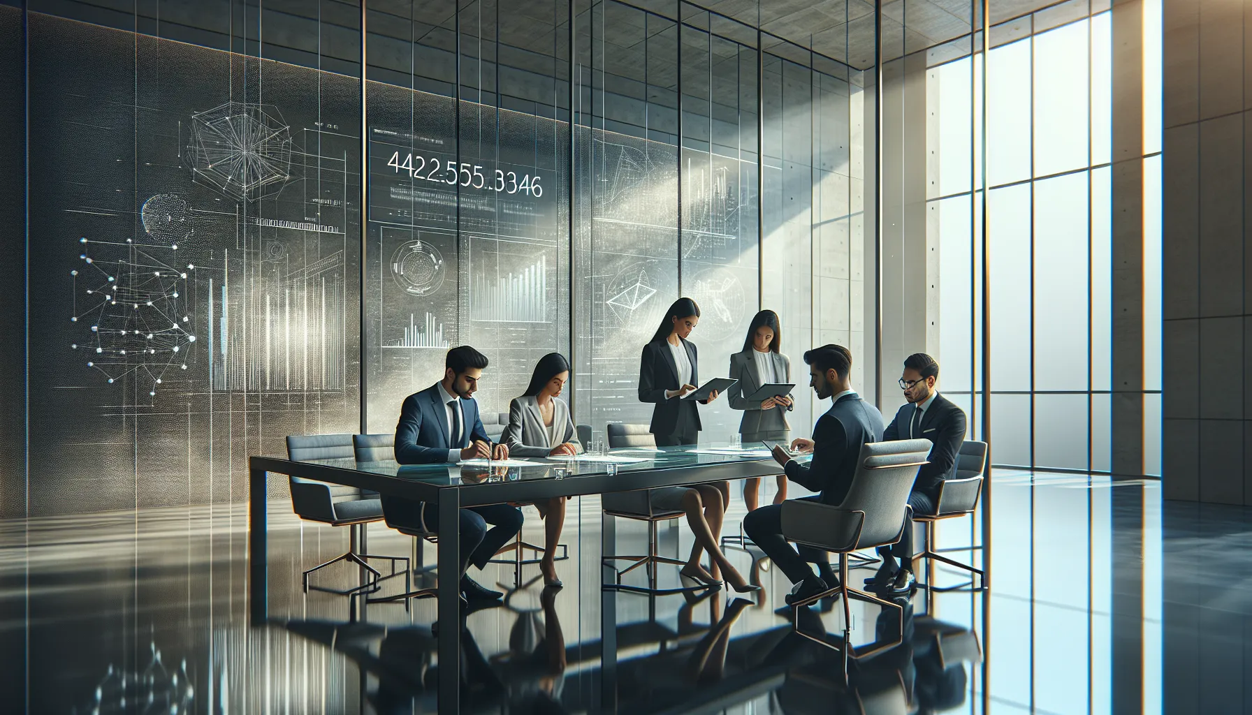 professionals discussing mathematical concepts in a modern office.