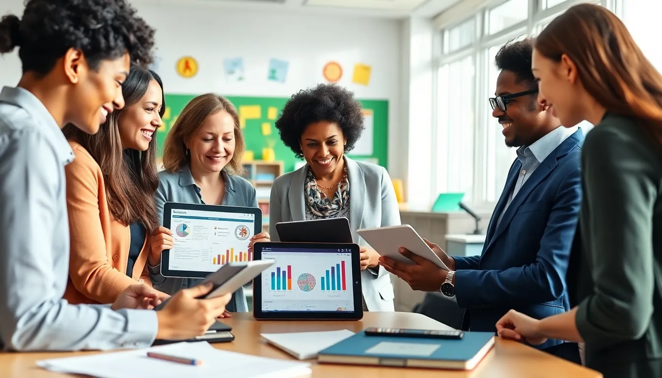 diverse educators discussing student learning assessments in a modern classroom.