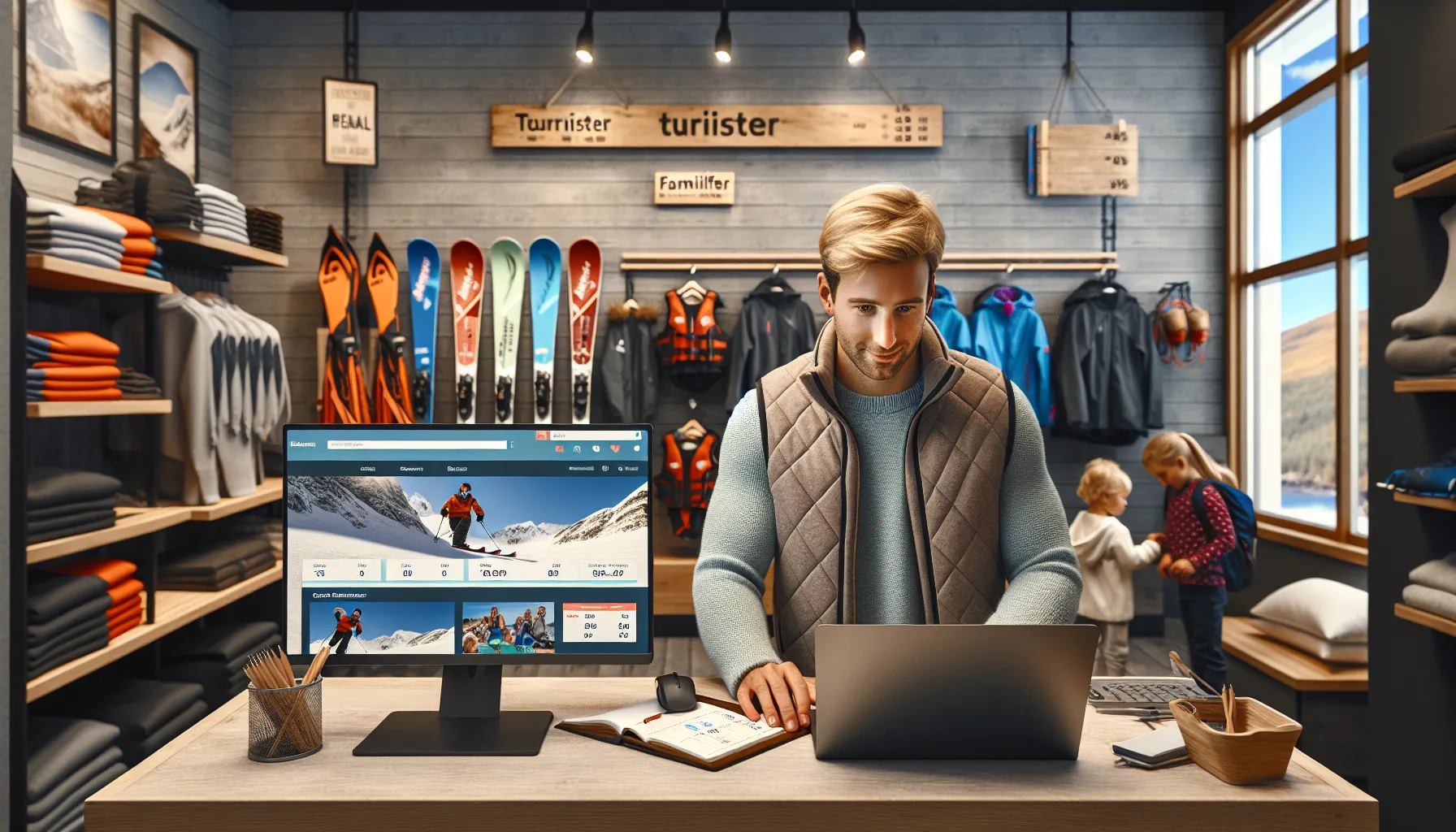 Norwegian sports rental owner studies customer data amid winter and summer gear in shop.