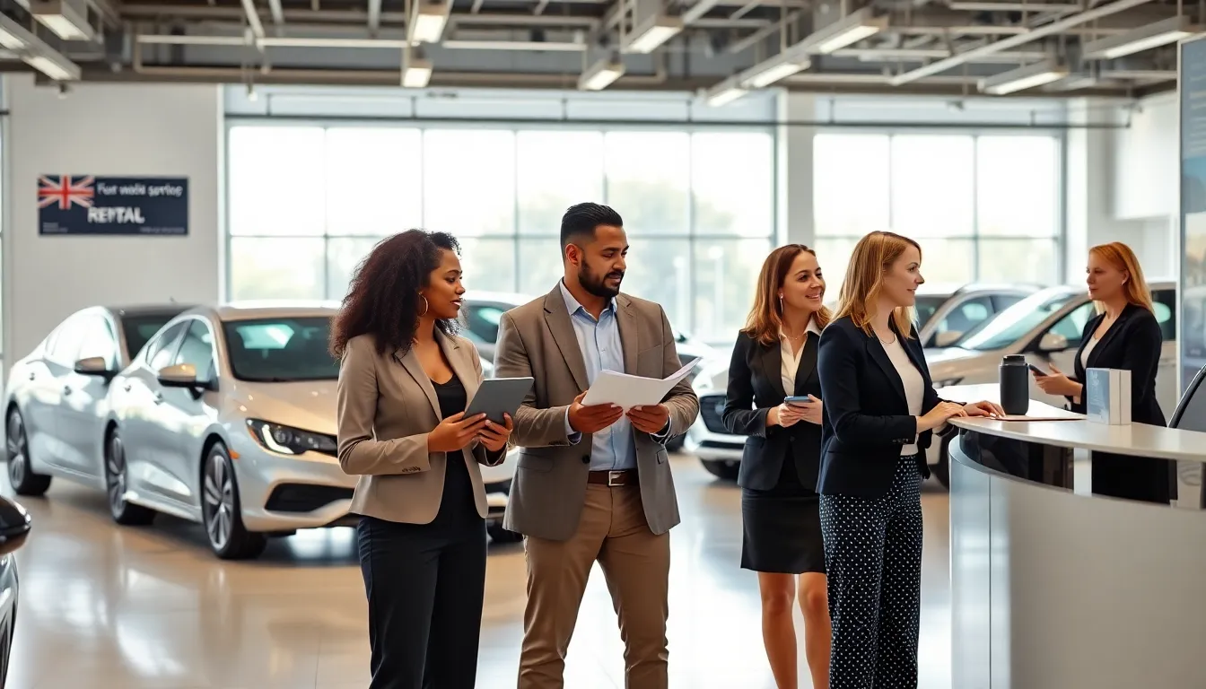 diverse team at a car rental agency discussing customer service.