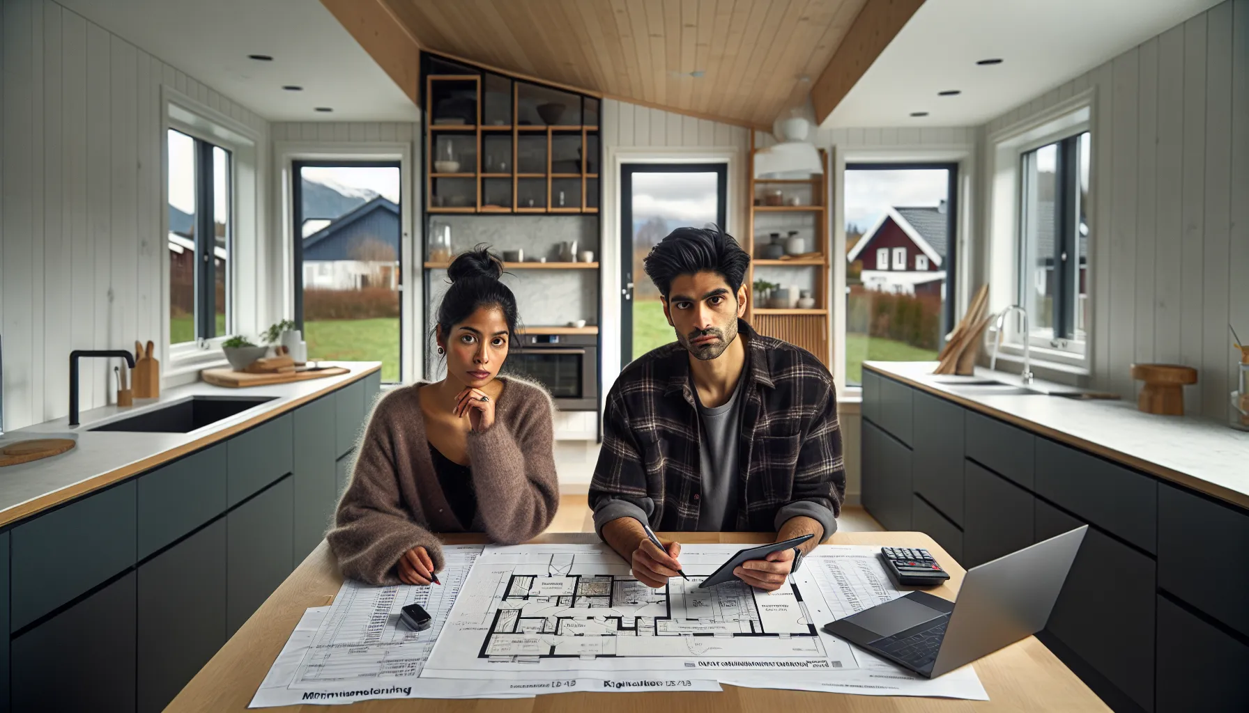 De beste tipsene for å optimalisere kostnader i boligbygging 2 Norwegian couple reviewing house plans, budget, and contingency buffers at home.