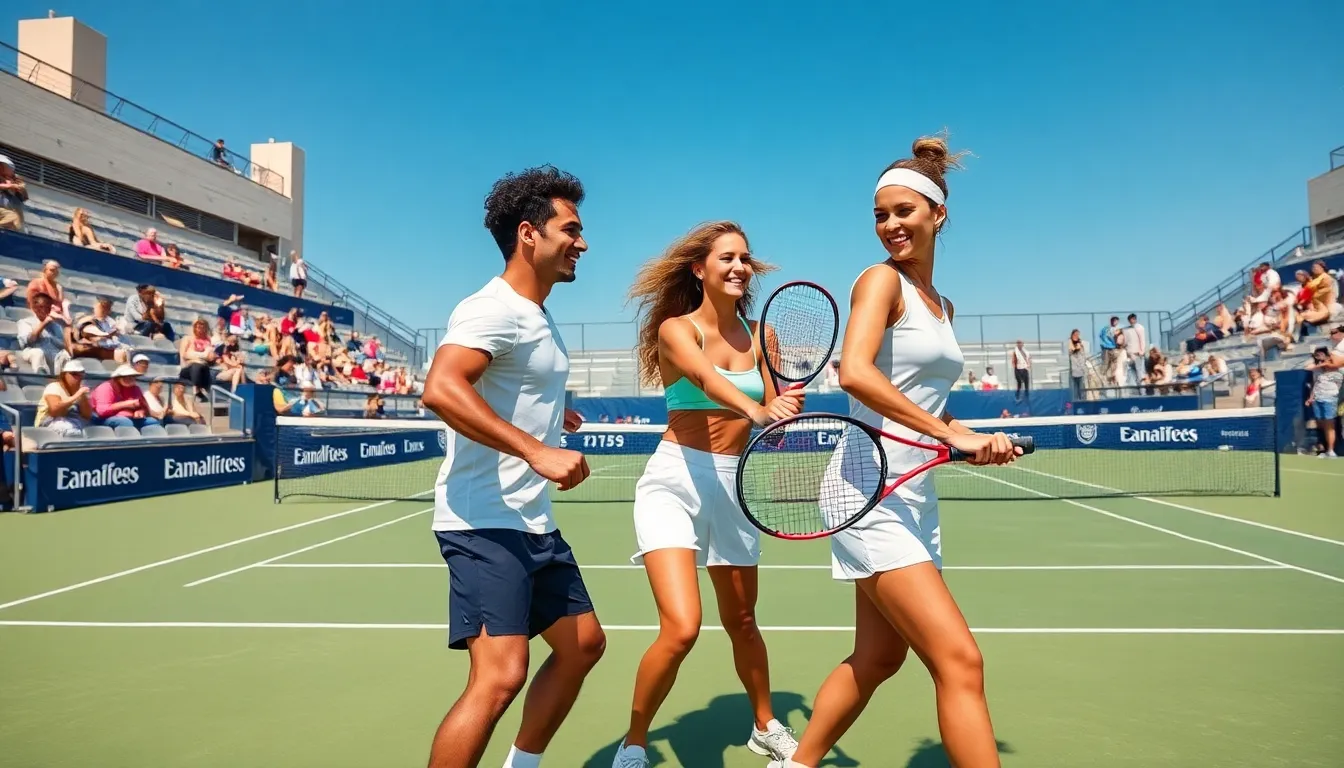 diverse athletes playing tennis on a modern court.