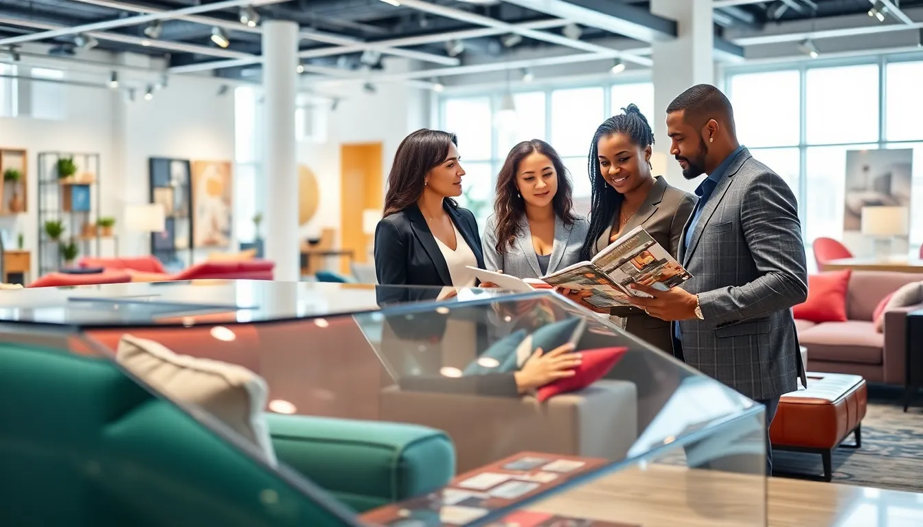 modern furniture showroom in Miami with diverse customers.