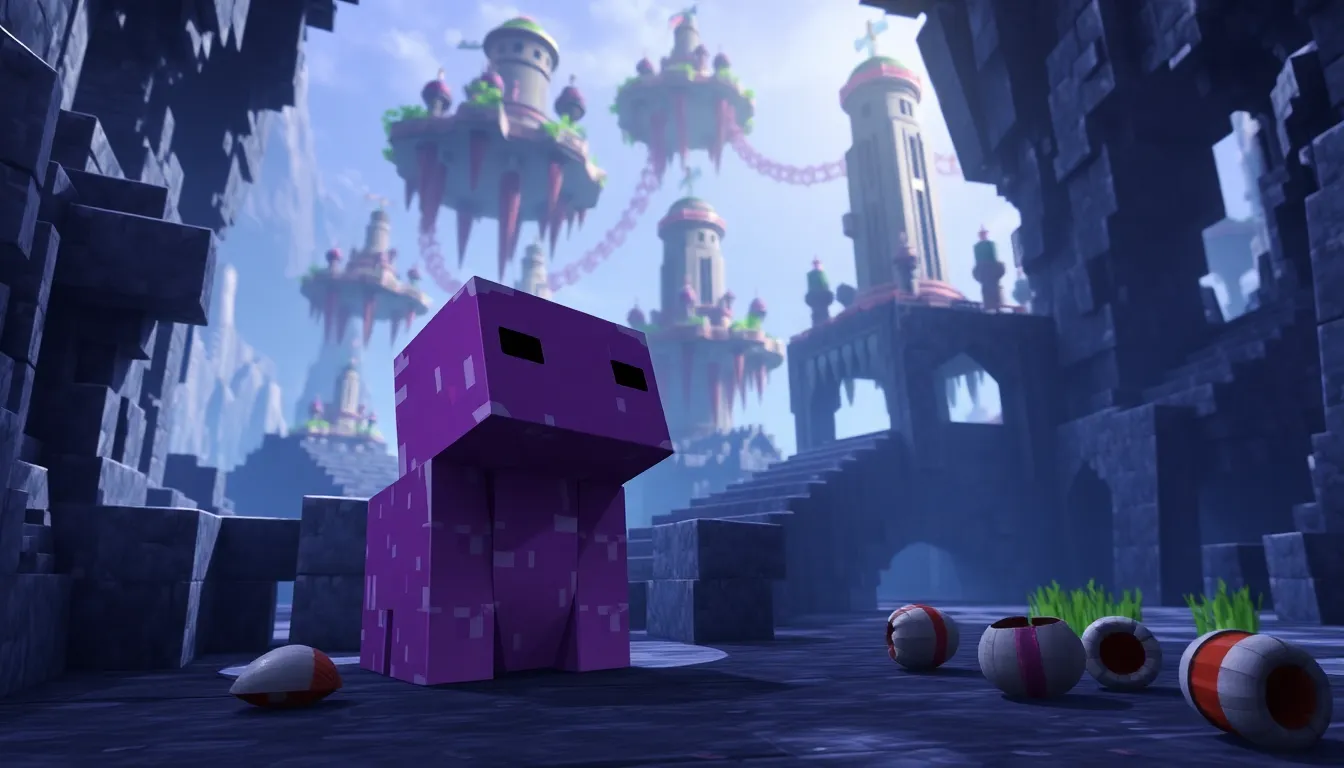 a shulker blending in a Minecraft End dimension setting.