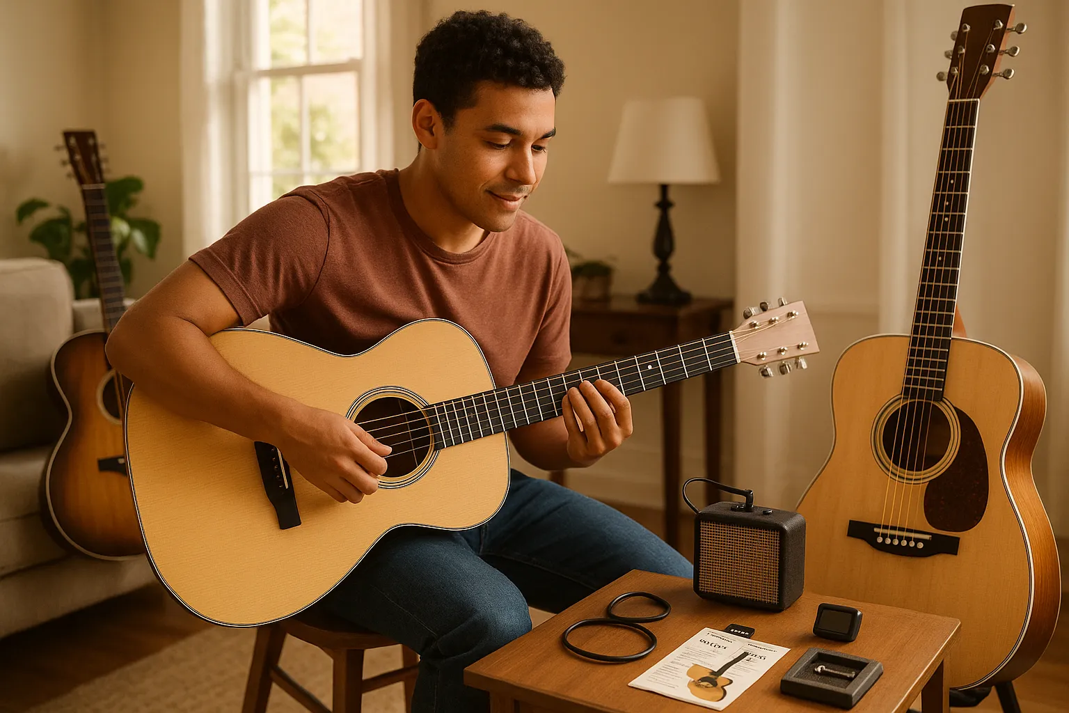 Beginner testing a mid-size acoustic guitar in a sunny living-room music nook.